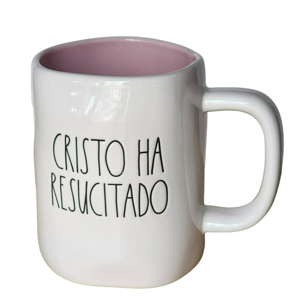 Rae Dunn Embossed Cross White Pink‎ Ceramic Coffee Mug Religious Theme 16oz